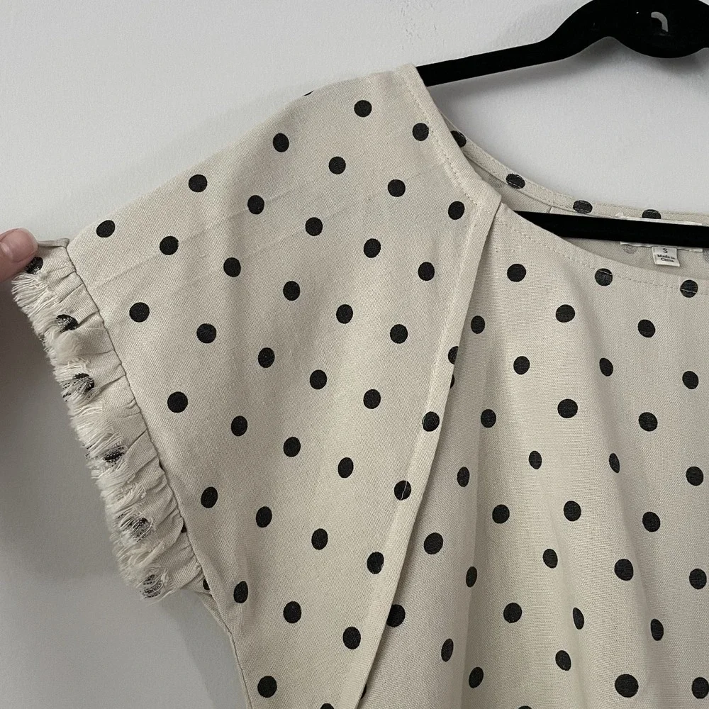 Umgee Linen Cotton Polka Dot Boxy Top Ivory Size S Canvas Fringe Twee Oversized - Picture 4 of 12